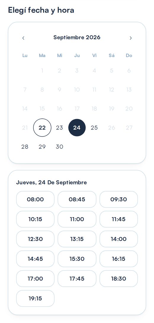 Selección de horario en la página de reservas de Gendita